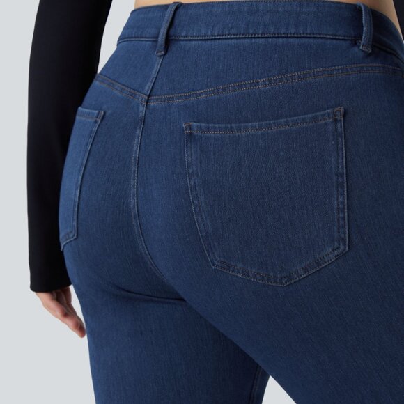 NWT HALARA 1X BLUE FLEX MIDRISE BUTTON ZIP POCKETS STRETCH KNIT FLARE JEANS - Picture 5 of 5